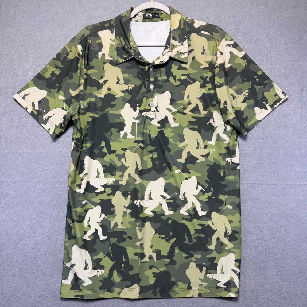 Ace Mens Bigfoot Golf Polo Shirt Camo Sasquatch Green Short Sleeve Size M